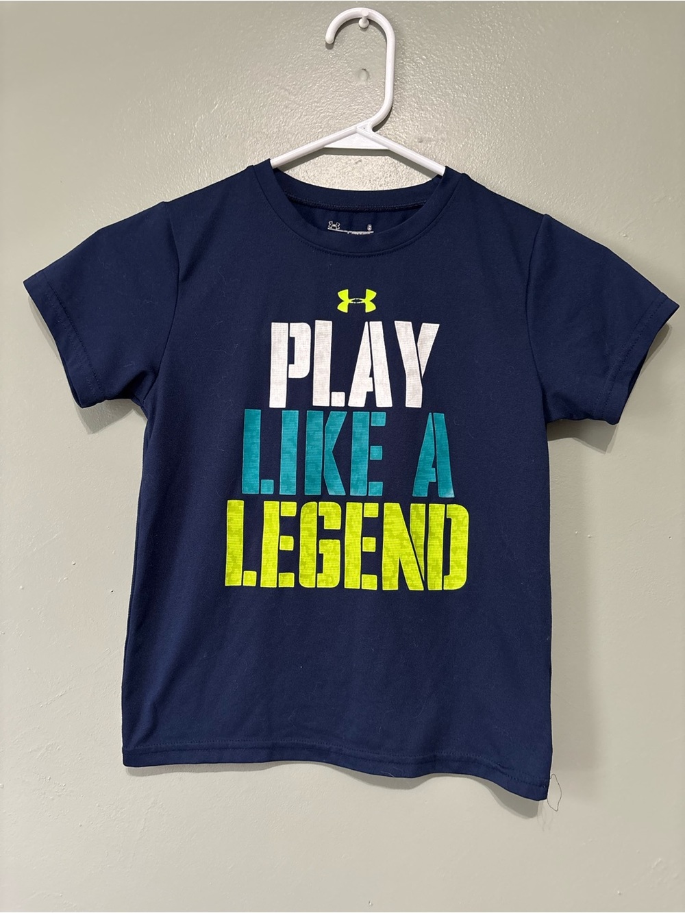 Under Armour Navy Tee with White, Teal and Neon Yellow Graphic Boys
